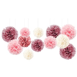 NICROLANDEE Wedding Party Decorations, 12PCS Dusty Rose Pink Tissue Pom Poms Flowers for Bridal Shower, Baby Shower, Birthday, Engagement, Bachelorettes, Valentine Decorations, Pink Party Decorations