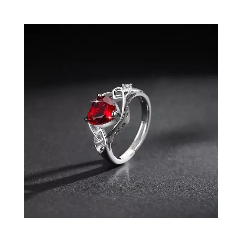 Dtup Anillo Compromiso Corazón Rojo Rubí Plata S925 Promesa Amor
