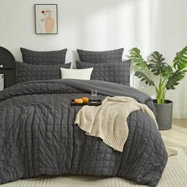 Boqingzhu Bed Linen Grey 135 x 200 cm Seersucker Summer Breathable Cooling Reversible Bed Linen Set Duvet Cover 135 x 200 cm and Pillowcase 80 x 80 cm with Zip