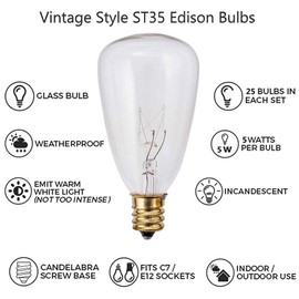 Romasaty 25FT ST35 Outdoor Patio Edison String Lights with 27Clear Bulbs -5 Watt/120 Voltage/E12 Base -White Wire