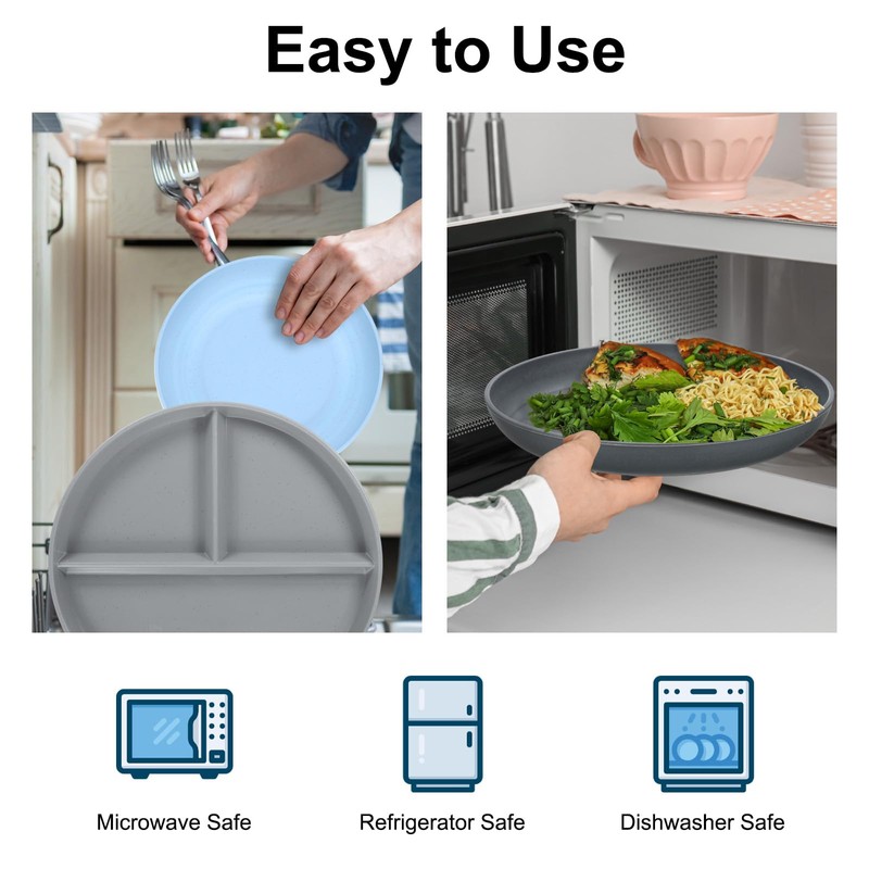 uxcell 4Pcs Unbreakable Divided Plates, 9 Inch Plastic Plates Set