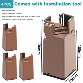 Pack of 4 Furniture Risers, 10 cm, Adjustable Bed Raisers with Screw Clamp, Heavy Duty Chair Risers, Furniture Raisers for 22-42 mm Wide Square & Round Chair Leg (10 cm, Brown)