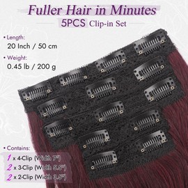 BARSDAR Clip-In Extensions Red 50 cm Wavy Clip-In Hair Extensions for Women 5 Pieces Full Head Hair Extensions Synthetic Hairpiece Hair Extensions - Dark Burgundy Mixed
