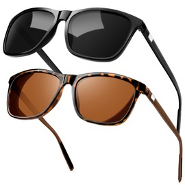 KANASTAL 2 Pack Brown Sunglasses Mens Polarised Womens Square Tortoiseshell Retro Classic Ladies Amber Spring UV400 Protection - Leopard Brown + Shiny Black