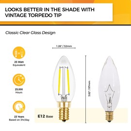 Hizashi Candelabra LED Light Bulbs 25 Watt, Dimmable Chandelier Light Bulbs, 90+ CRI, 200LM, 5000K Daylight, 2W E12 LED Bulb, B10 LED Candle Bulbs, Type B Light Bulbs, UL Listed, 6 Pack