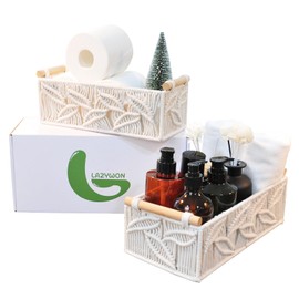 LAZYWON 2-Pack Boho Wicker Toilet Paper Baskets - Small White Bathroom Storage Baskets with Gift Wrap, Decorative Organizer for Toilet Tank Top & Countertop