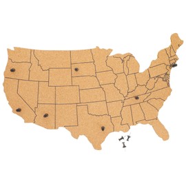 Juvale US Map Cork Board & Pin Board - 16 x 10 x 0.3 in Natural Cork - 10 Black Push Pins to Mark States Visited - Wall Decor for Home & Office