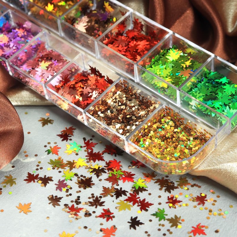 1 Box 12 Color Holographic Fall Leaf Nail Glitter Hexagonal