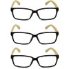 V.W.E. 3 Pairs Genuine Real Bamboo Reading Glasses - Rectangular