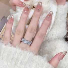 Pure Handmade Nails Press on Nail Reusable Fake Nails Red Silver CatEye Rhinestones Bling Bling Nude Medium Stick on Nails French Tip False Nails 10pcs (L, Q179)