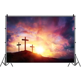 Laeacco Jesus Christ Cross Photography Background 7x5ft Sunrise Tomb Sunset Mountain Crucifix Worship Pray Backdrop Christmas Easter Birth of Jesus Backdrops