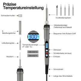 60 W Soldering Iron Set, Soldering Iron, Electronic Soldering Iron Set, Temperature Adjustable 180-500°C, 19 in 1 Soldering Set with Digital Multimeter, 5 Soldering Tips, Soldering Iron Stand, Solder,
