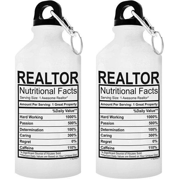 Real Estate Agent Gifts Realtor Nutritional Facts Realtor Gift 2-Pack Gift Aluminum Water Bottles with Cap & Sport Top White