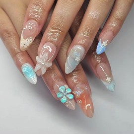 24Pcs Blue Flower Press on Nails Medium Almond Fake Nails with White Butterfly Rhinestones Design Hawaii False Nails Silver Pearl Stick on Nails Summer Full Cover Artificial Glue on Nails for Women