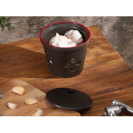 ONEMORE Large Garlic Keeper for Counter, Garlic Holder Countertop Garlic Storage Container with Lid, Ceramic Garlic Jar Garlic Saver Keeper for Fridge - Farmhouse Style Kitchen Décor, 5 inch, Black