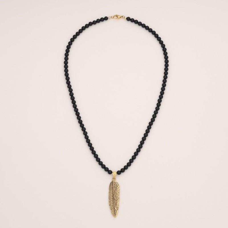 GAVU Mens Matte Onyx Pearl Feather Pendant Necklace, Stone, Onyx