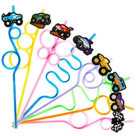 24 Monster Truck Drinking Crazy Straws for Kids | Monster Truck Themed Truck Birthday Party Supplies Favors Decorations with 24 PVC Charm, 2 Cleaning Brushes Reusable Straw