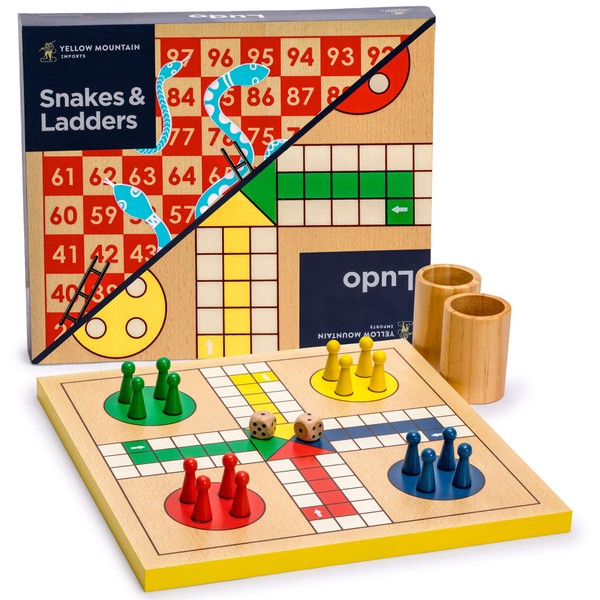 Yellow Mountain Imports 2-in-1 Reversible Wooden Snakes and Ladders, Ludo Game Set