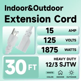 Indoor Outdoor Extension Cord, 12 Gauge 3 Prong Weatherproof Heavy Duty White Extension Cords，12/3 SJTW 15A 30 FT Extension Cable for Garage, Garden and Home, UL Listed