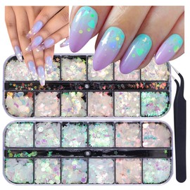 UARUOGP 24 Grids Holographic Nail Sequins and 1 Pcs Tweezers,Iridescent Mermaid Flakes Ultra-Thin Colorful Flakes Glitter Sticker,DIY Face Body Eyes for Nail Art Decoration