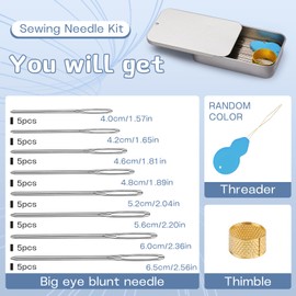 TLKKUE 100/40 Pcs Large-Eye Blunt Needles, Tapestry Needle with Needle Threader Thimble, Stainless Steel Yarn Needles for Sewing Knitting Crafting Weaving Crochet Tapestry (Silver, 8 sizes/40 pcs)