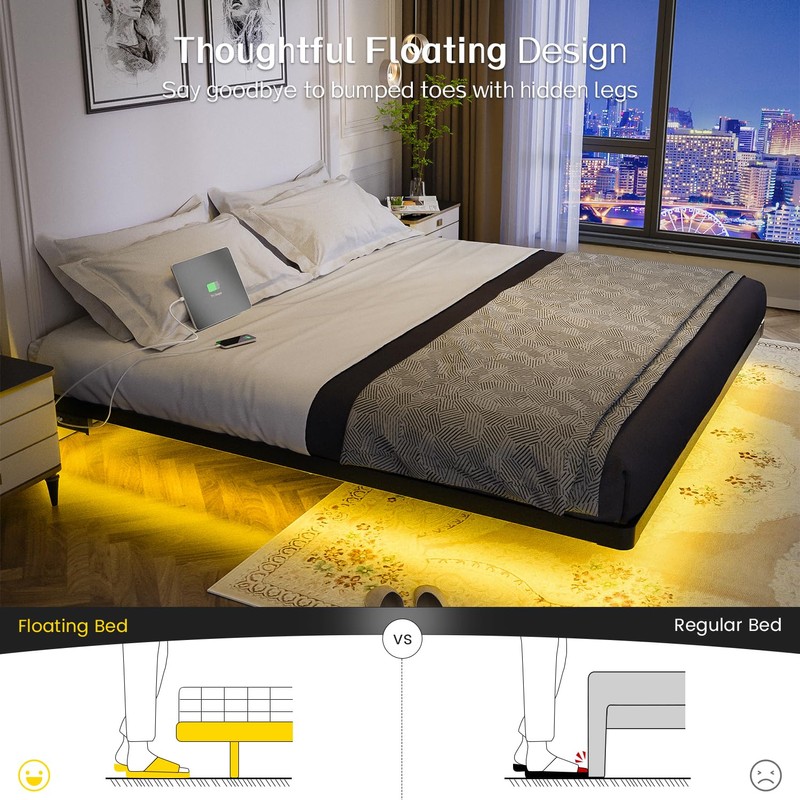 OLEVS King Size Floating Bed Frame, Metal Platform, with LED