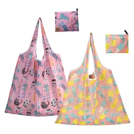 FAVORTALK Nylon Foldable Shopping Bag Packaway - 2 Pcs Reusable Large Capacity Shopper Bag Washable Portable Groceries Bags for Travel Storage Foldable Eco-Friendly Shop Bag for Women Ladies - D27803