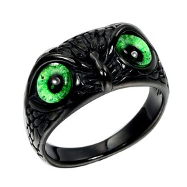 SINLEO Stainless Steel Demon Eye Owl Ring Vintage Animal Gothic Biker Rings for Men Women Statement Jewelry Black Green Eyes Size 12