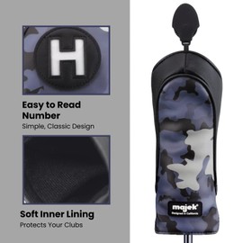 Majek Golf Clubs Black and Blue Camo Club Premium Protective Hand Made Camouflage Head Cover Utility Hybrid #H with Adjustable Tag Wheel Cover Fits for Most Brands