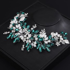 Rumtock Green Crystals Silver Leaf Headband Wedding Bridal Pearl Headpiece Handmade Hair Accessories (Green)