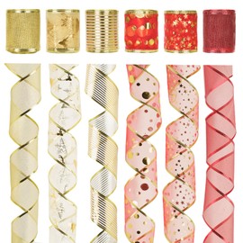 KINGLAKE Christmas Wired Ribbon 2.5 Inch Wide Red and Gold Christmas Tree Ribbon 6 Rolls Sheer Sparkly Organza Gift Wrapping Ribbon 30 Yards Holiday Ribbon Wired for Crafts Xmas Wreath Decoration