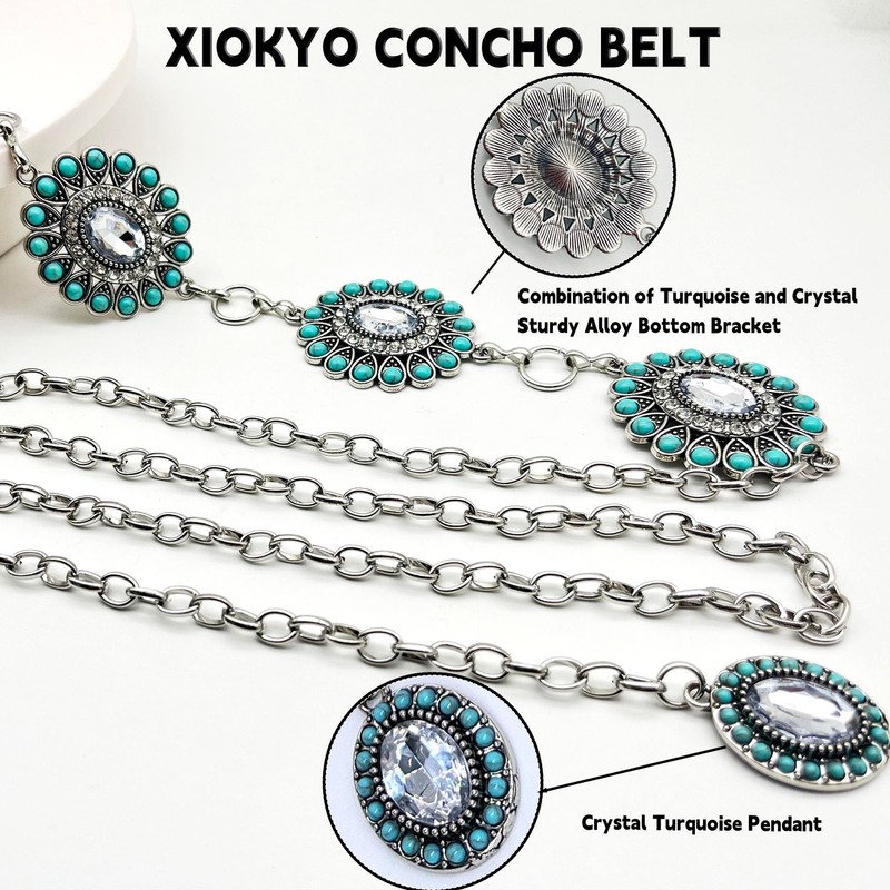 Xiokyo Boho Turquoise Concho Belt Heavy Metal Western Bling Rhinestone