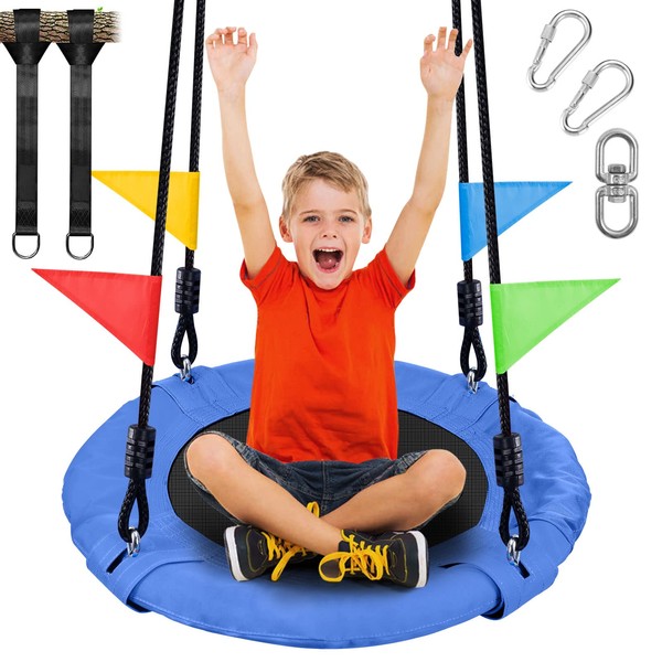 Odoland 24 inch Kids Tree Swing, Outdoor Small Saucer Swing - 900D Oxford Platform Swing - Backyard Round Flying Swing with Hanging Ropes, Straps and Turnbuckle Blue