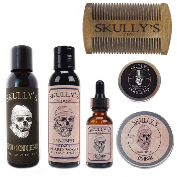 Skully's Ultimate Timber Beard Care Kit (Woodsy, Warm Amber Scent) - Beard Oil, Beard Balm, Beard Comb, Beard Conditioner, Mustache Wax for Men