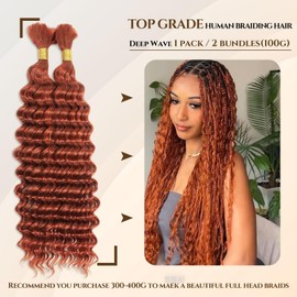 DMKEEP Ginger Bulk Human Hair for Braiding No Weft 100g (1 Pack/2 Bundles) Human Hair Bulk for Braiding Deep Wave Human Braiding Hair Extensions 20 Inch