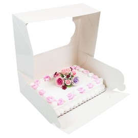 Global Sugar Art Auto-Popup Extra Deep Quarter Sheet Cake Box with Window, White 14 x 10 x 5 Inches, 10 Count. For 9 x 13 sheet cakes, cookies, pastries, desserts.