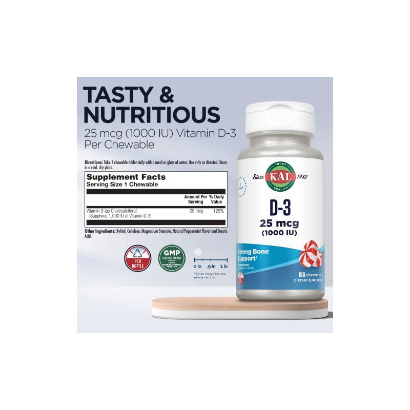 KAL D-3 1000 IU Chewable Softgels, Peppermint, 100 Count by