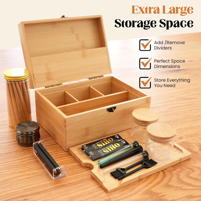 Coozyupper Large Bamboo Storage Box with Removable Tray Kit -