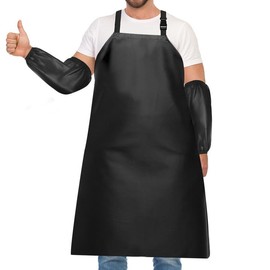 PWGHWG Apron Waterproof Oil Resistant Work Apron Unisex Butcher Apron with 2 Sleeve Protectors for Dishwashing, Industrial, Butcher, Cleaning, Dog Care (Black), black