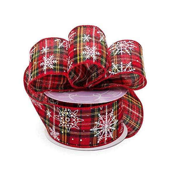 Snowflake Plaid Wired Christmas Ribbon - 2 1/2" x 10 Yards, White, Red, Gold, Garland, Gifts, Wrapping, Wreaths, Bows, Gift Basket, Boxing Day