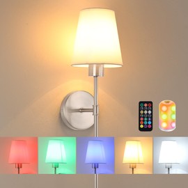 Shenmoyl Battery Operated Wall Sconce, Rechargeable Wall Light with 5000mAh RGB Dimmable Bulb, 12 Colors Wireless Wall Sconce for Bedroom Living Room, Silver