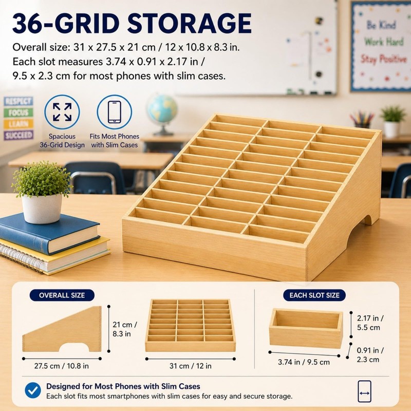 XICHENGSHIDAI 36-Slot Classroom Cell Phone Holder, Wooden Organizer