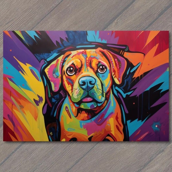 PaperMadDogScar POSTCARD: Puggle Pop Art Dog Vibrant Colors, Playful Expression
