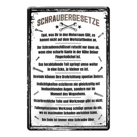 Tin Sign with German Text "Schraubergesetze" - Metal Sign Workshop Accessories Decoration - Retro Decorative Sign Work Company Garage Warehouse Car Motorcycle Tuning Car Workshop - Gift Car Mechanic -