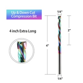 HOZLY Up & Down Cut Compression Bit 1/4" Shank ,Extra Long 4" OVL CNC Spiral Router Bits ,2" Cutting Length,CNC Router End Mill Tungsten Carbide Milling Cutter for Woodworking Tools 1Pack (1)