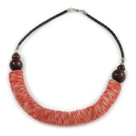 Avalaya Chunky Rose Red Shell Coin Necklace with Black Faux Leather Cord - 55cm L