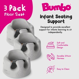 Bumbo Infant Floor Seat Baby Sit Up Chair and Sitting Support for 3 to 12 Months Old with 3 Point Adjustable Safety Strap, 3 Pack, Cool Grey