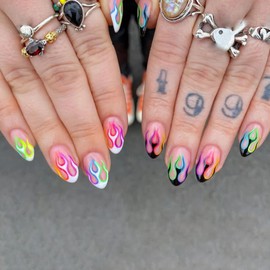 MERVF Almond Press on Nails Medium Fake Nails Colorful Flame French Tip Glue on Nails Fire Press ons Gyaru Goth Design Stiletto Acrylic False Nails for Women Glossy 24pcs