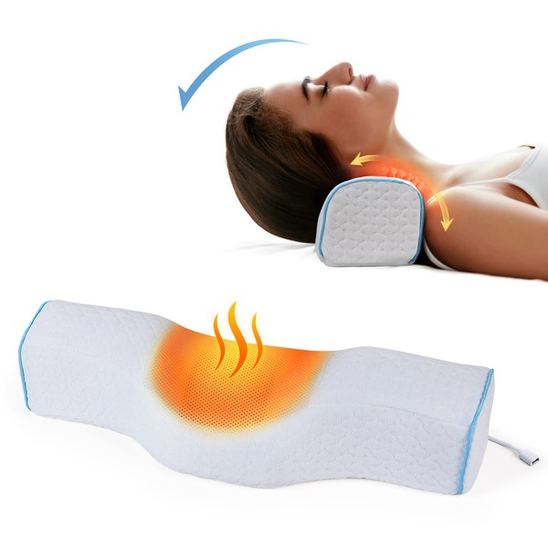 Neck Pillows for Pain Relief Sleeping, Heated Neck Pillow Memory Foam Cervical Pillow with USB Graphene Heating for Stiff Neck Pain Relief, Neck Support Pillow Neck Roll Pillow for Bed (White)