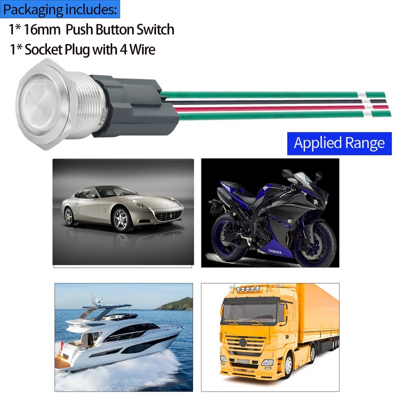 UL Listed15Amp Push Button Switch 16mm 0.63" Latching Switches Waterproof